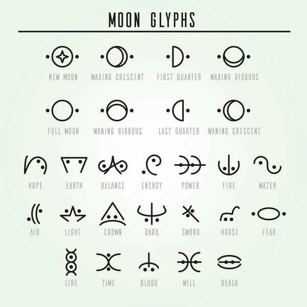 Des glyphes lunaires. Géométrie sacrée. Style de ligne — Image vectorielle
