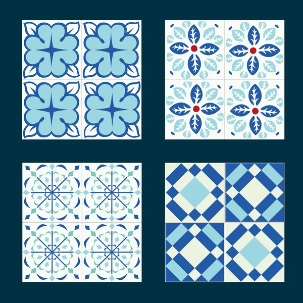 Набор старинной керамической плитки в дизайне azulejo с голубыми узорами — стоковый вектор