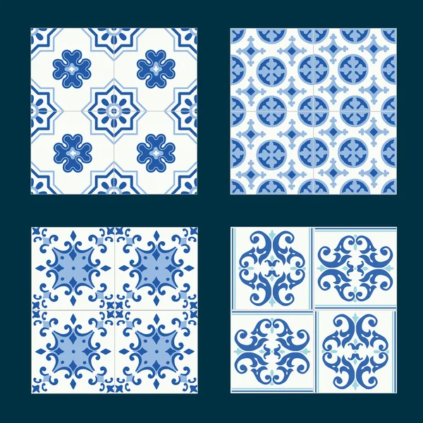 Set of vintage ceramic tiles in azulejo design with blue patterns — Stock Vector