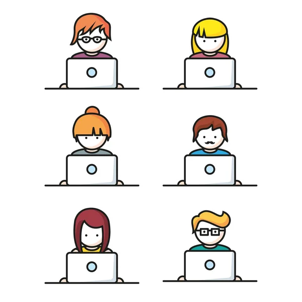Conjunto de pessoas com ícones de computador em estilo de linha — Vetor de Stock