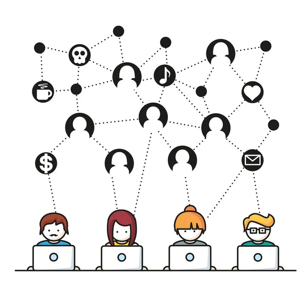 ソーシャル メディア ネットワークのコンピューターのベクトル図を持つ人々 — ストックベクタ