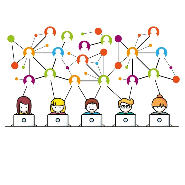 Mídia social, pessoas de rede com computadores ilustração vetorial — Vetor de Stock
