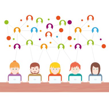 Sosyal medya insanların bilgisayarları vektör çizim ile ağ