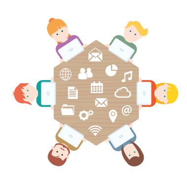 Sosyal medya insanların bilgisayarları vektör çizim ile ağ