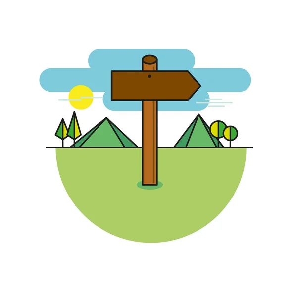 Wooden sign shaped like an arrow on a mountains path, vector — Stock Vector