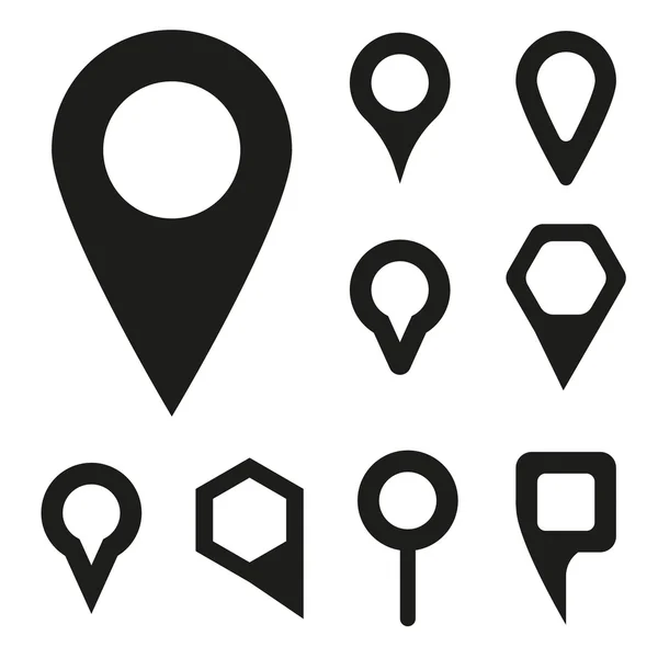 Iconos de puntero de mapa negro vectorial establecidos sobre fondo blanco — Vector de stock