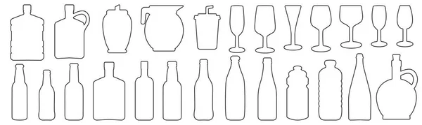 Ícones Contorno Vidro Bebida Garrafa Conjunto Ilustração Vetorial — Vetor de Stock