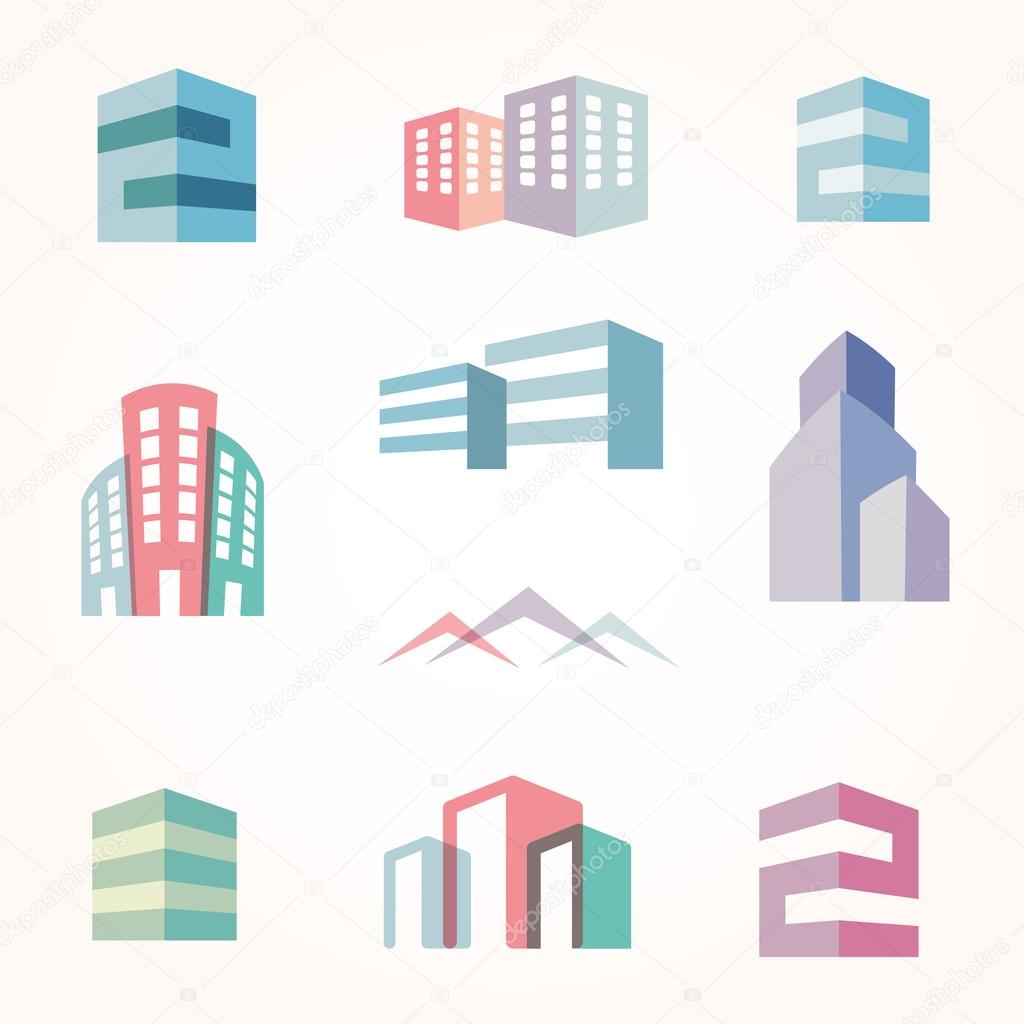 Vector city buildings silhouette icons