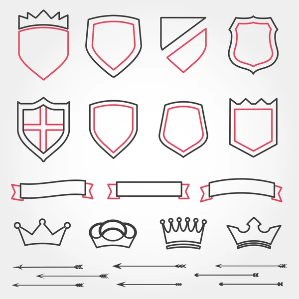 Set línea vector escudos coronas heráldicas cintas flechas — Vector de stock