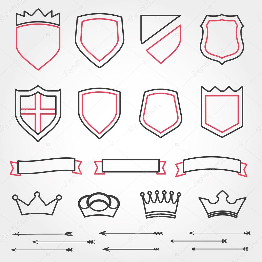 Set line vector shields heraldic crowns ribbons arrows