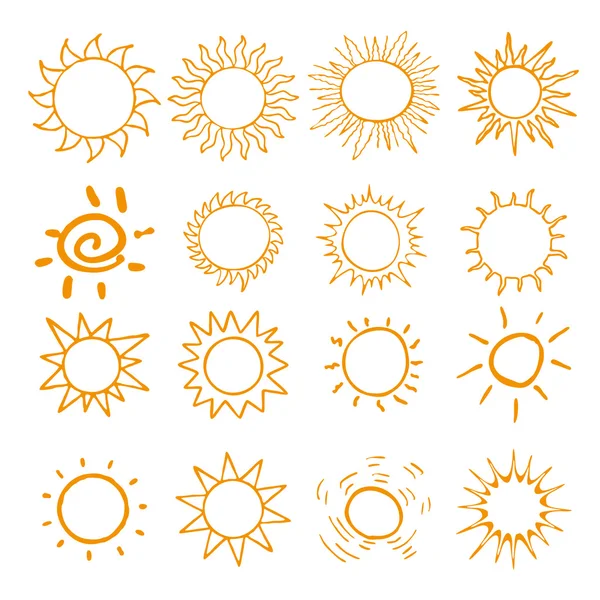Handgezeichnetes Set verschiedener Sonnen — Stockvektor
