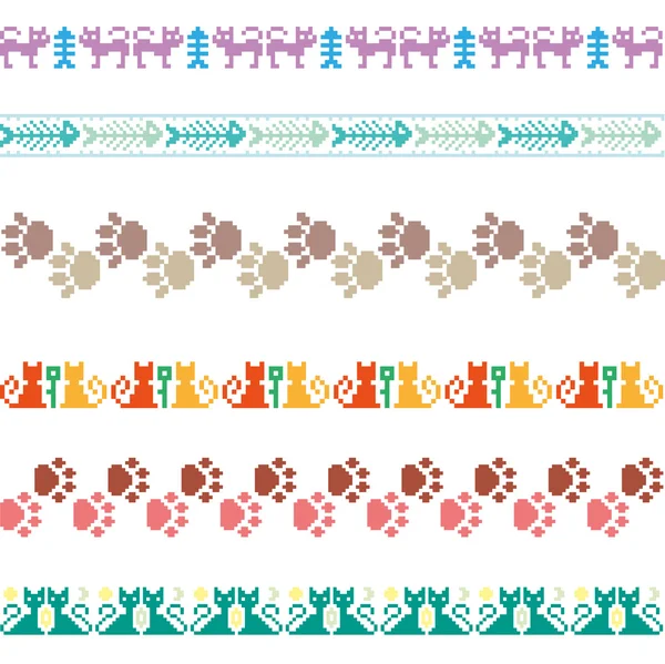 Tricoté motif sans couture animaux chats bordures pixels ensemble vectoriel — Image vectorielle