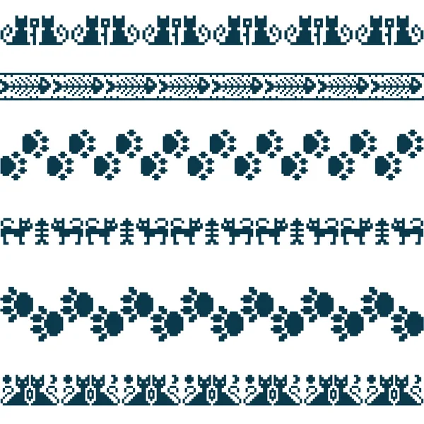 Tejido patrón sin costura animales gatos bordes píxeles vector conjunto — Vector de stock