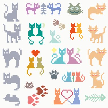 Vektör retro piksel kedi ayarla