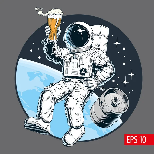 Astronauta Sostiene Una Pinta Cerveza Barril Cerveza Espacio Exterior Ilustración — Archivo Imágenes Vectoriales