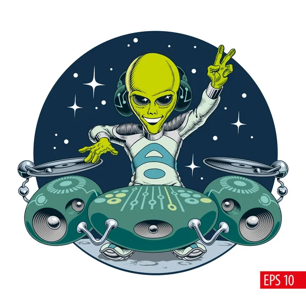 Personaggio Alieno Nello Spazio Umanoide Extraterrestre Verde Carino Con Giradischi — Vettoriale Stock