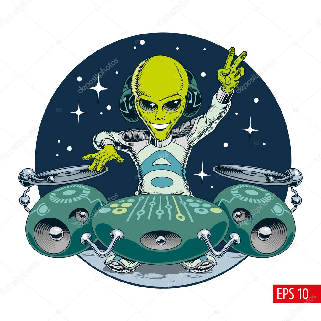 Alien dj character in outer space. Cute green extraterrestrial humanoid with futuristic vinyl record turntable. Electronic music festival concept. Comic style vector illustration.