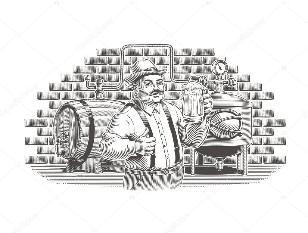 Beer or ale manufacturing vintage engraving style vector illustration. Craft brewery and male brewer. Man holding a beer mug, brew kettle and barrel on background. For label or menu design.