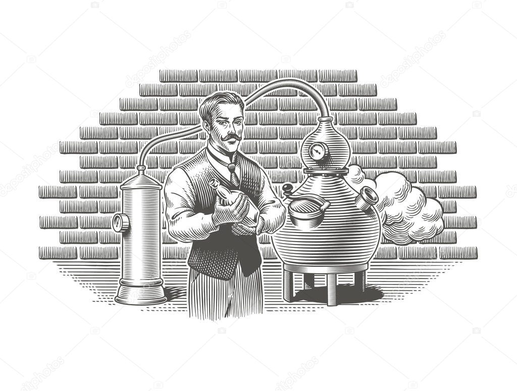 Distillery whiskey, gin, vodka or moonshine vintage engraving style vector illustration. Alcohol beverage or spirit distillation process. Man holding a bottle, alembic distiller on background. Good for label, packaging or menu design.