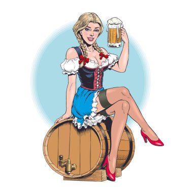 Oktoberfest kızı geleneksel bir Bavyera Dirndl kostümü giyiyor, bira fıçısının üzerinde oturuyor ve elinde bira bardağı tutuyor. Genç, seksi, sarışın Alman kadın. Tarz vektör illüstrasyonunu iliştir.