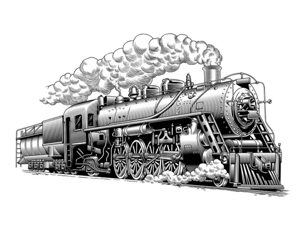 Klasik Buhar Treni Lokomotifi Yüksek Detaylı Oyma Stili Vektör Illüstrasyonu — Stok Vektör