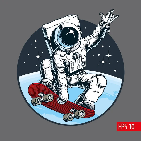 Astronaut Skater Rijdt Skateboard Door Ruimte Toont Een Duivelse Horens — Stockvector