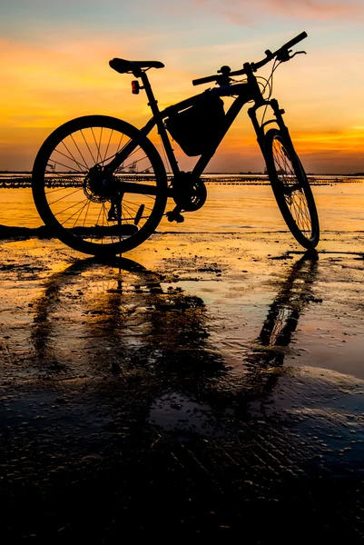 夕焼け空と海背景があると桟橋で自転車のシルエット — ストック写真