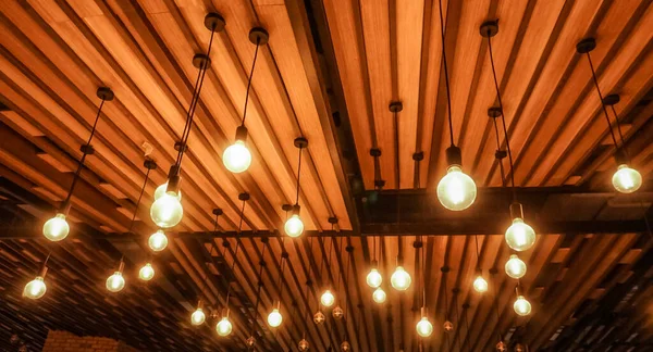 Lighting Bulb Hanging Wooden Ceiling Interior Lighting Design — Stock Photo, Image