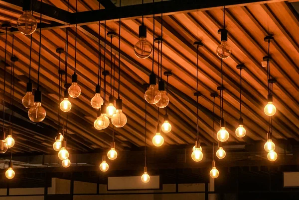 Lighting Bulb Hanging Wooden Ceiling Interior Lighting Design — Stock Photo, Image