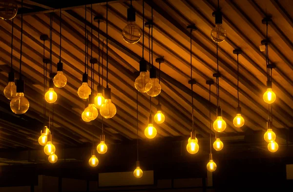 Lighting Bulb Hanging Wooden Ceiling Interior Lighting Design — Stock Photo, Image