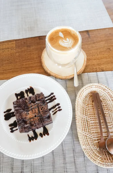 Nice Brownie Cake Latte Coffee Table Shot — Stock Photo, Image