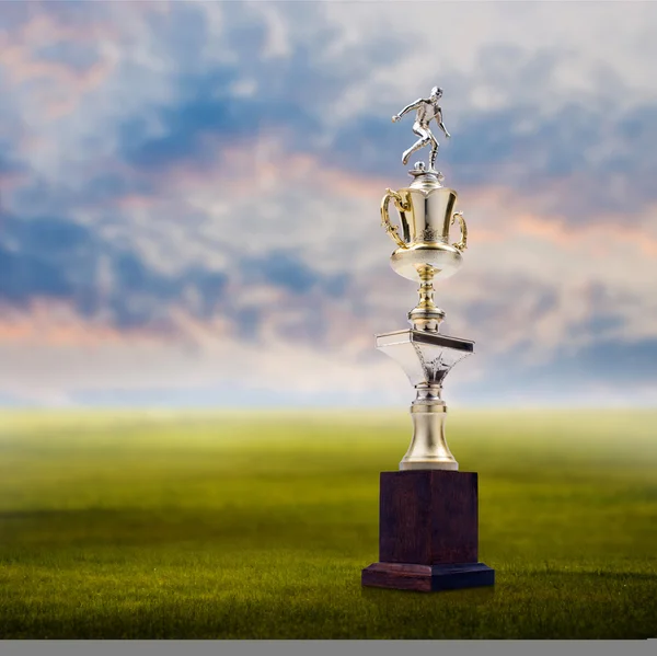 Trofeo de fútbol con fondo de paisaje agradable, concepto de éxito — Foto de Stock