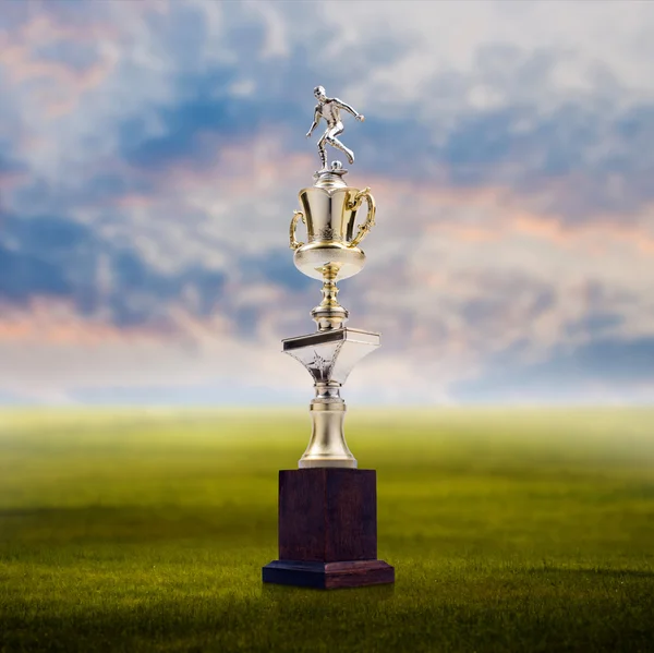 Trofeo de fútbol con fondo de paisaje agradable, concepto de éxito — Foto de Stock