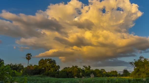 4K lapso de tempo de nuvens mudar de forma pelo vento com luz do pôr do sol — Vídeo de Stock