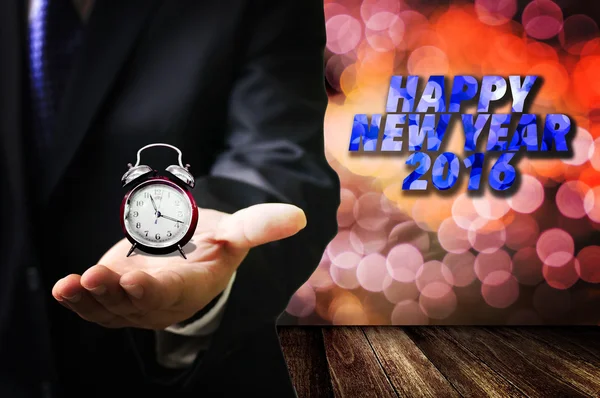 Felice anno nuovo 2016 testo con sveglia in uomo d'affari, Tempo t — Foto Stock