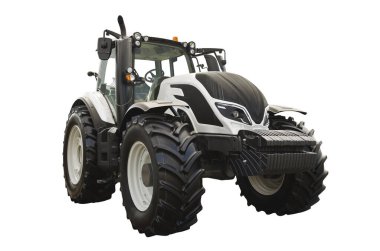 Modern tarım traktörü beyaz arka planda izole edilmiştir.