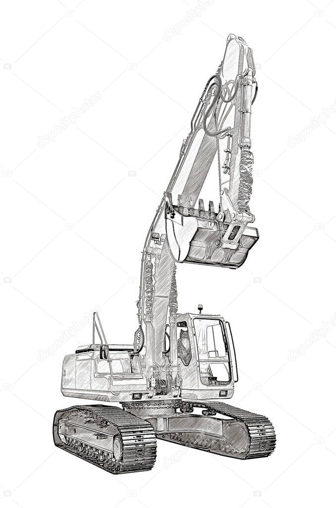 Drawing of the bulldozer isolated on a white background