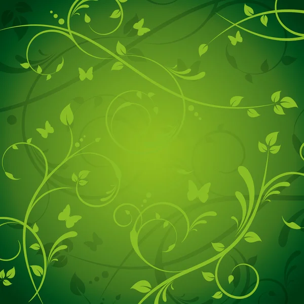 Fundo floral ornamentado verde com borboletas — Vetor de Stock