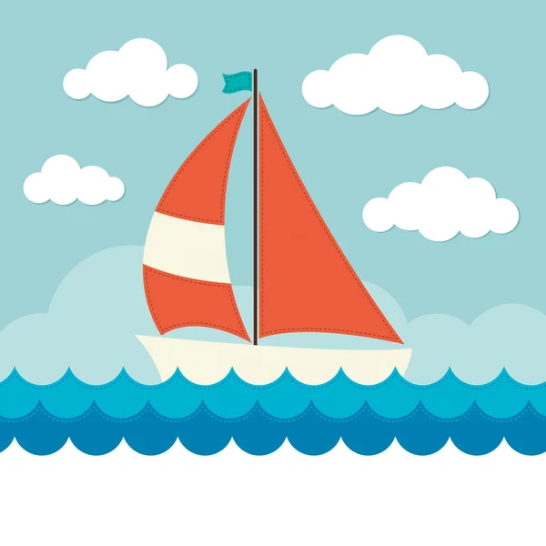 Sailing Boat on Waves — Stock Vector