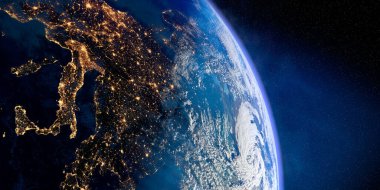 Dünya gezegeni, kesin rahatlama ve hacim atmosferiyle. Gündüz-gece geçişi. Avrupa. Önde Akdeniz ve İtalya var. 3 boyutlu görüntüleme. Bu görüntünün elementleri NASA tarafından desteklenmektedir