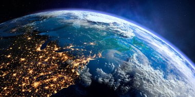 Abartılı, hassas rahatlama ve hacimli atmosferi olan Dünya gezegeni. Gündüz-gece geçişi. Atlantik okyanusu. Amerika 'nın doğu eyaletleri. Kanada mı? 3 boyutlu görüntüleme. Bu görüntünün elementleri NASA tarafından desteklenmektedir