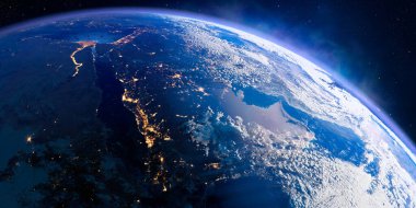 Abartılı, hassas rahatlama ve hacimli atmosferi olan Dünya gezegeni. Gündüz-gece geçişi. Arap Yarımadası. Suudi Arabistan. 3 boyutlu görüntüleme. Bu görüntünün elementleri NASA tarafından desteklenmektedir