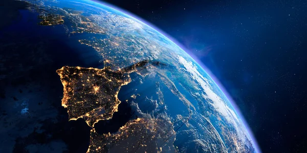 Abartılı, hassas rahatlama ve hacimli atmosferi olan Dünya gezegeni. Gündüz-gece geçişi. Avrupa. İspanya ve Portekiz ön planda. 3 boyutlu görüntüleme. Bu görüntünün elementleri NASA tarafından desteklenmektedir