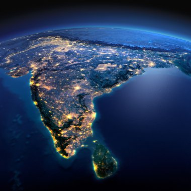 Detaylı toprak. Hindistan ve Sri Lanka mehtaplı bir gecede