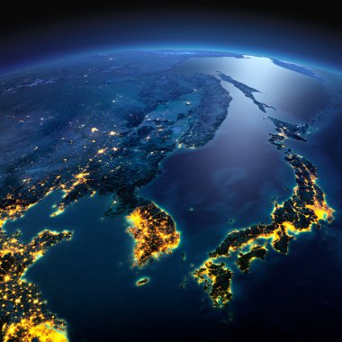 Detaylı toprak. Kore ve Japonya mehtaplı bir gecede