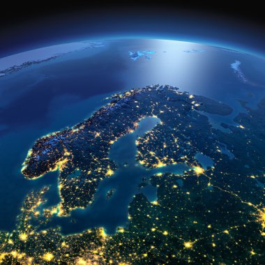 Detaylı toprak. Avrupa. Scandinavia mehtaplı bir gecede
