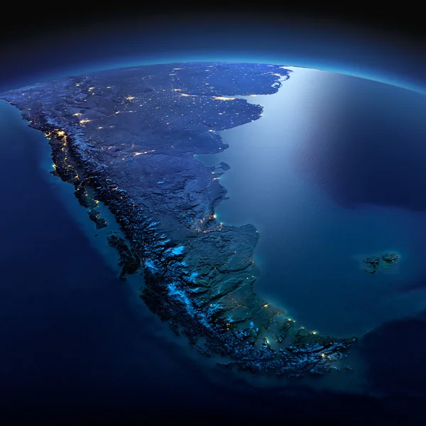 Detaljerad jorden. Södra Amerika. Tierra del Fuego på en månbelysta nig — Stockfoto