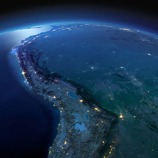 Детальная Земля. Боливия, Перу, Бразилия в лунную ночь — стоковое фото