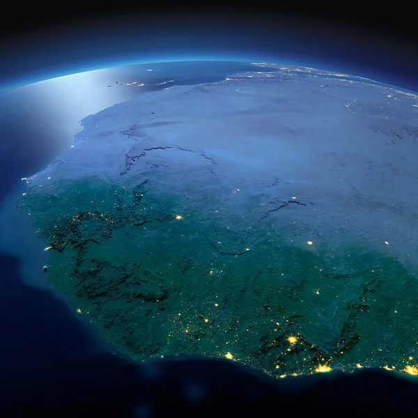 详细的地球。西非国家在月光下的夜色 — 图库照片