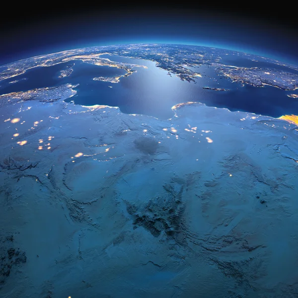 Gedetailleerde aarde. Noord-Afrika. Algerije, Marokko en Tunesië op een maanverlichte nacht — Stockfoto